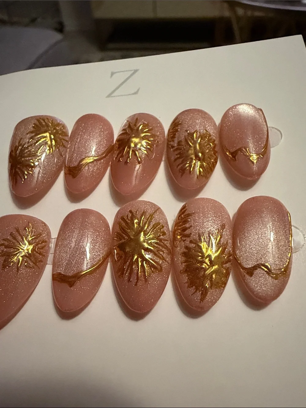Neutral cateye Pink handmade acrylic Press-On Nails with Gold Floral Accents
